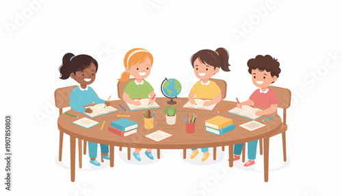 Children Sitting Around Table Engaged Activity.