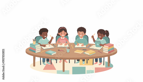 Children Sitting Around Table Reading Books.