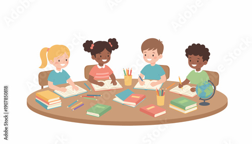 Children Sitting Around Table Studying Together.