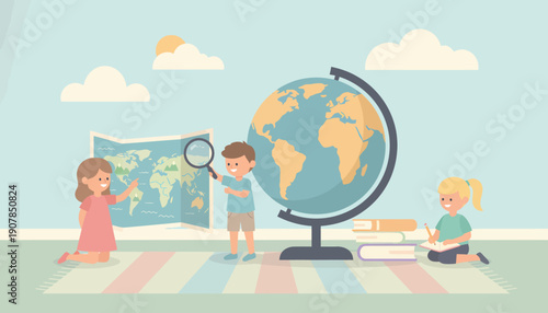 Children Studying Globe with Magnifying Glass.