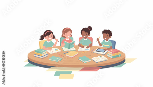 Children Studying Together Around Table.
