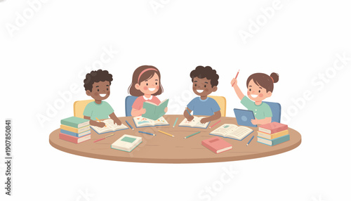 Children Studying Together at Round Table.