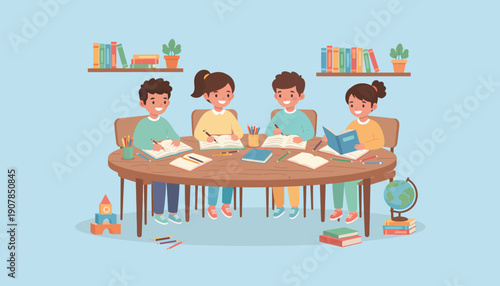 Children Studying Together at Round Table.