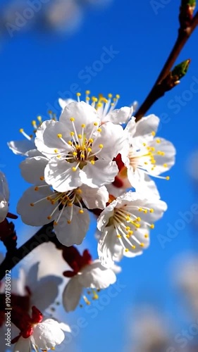 Beautiful white blossoms on a tree branch reaching towards the bright blue sky