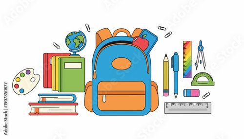 Colorful School Backpack with Educational Supplies.