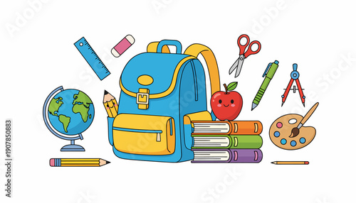 Colorful School Supplies and Backpack Illustration.