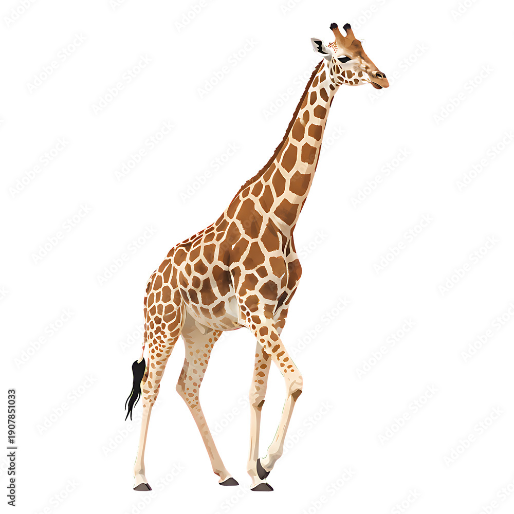 Obraz premium Adult reticulated giraffe walking, full body, brown and white spotted fur, long neck, isolated on Transparent Background