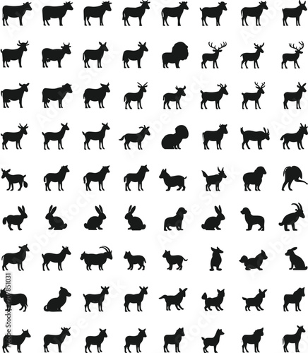 Large collection of hand drawn black wolf silhouettes featuring various wild predatory canines in standing, running, and hunting poses for elegant nature wildlife design projects