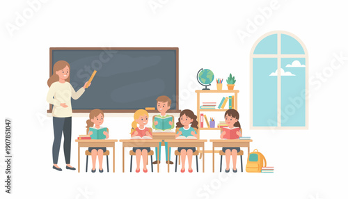 Teacher Educating Children at Blackboard in Classroom.