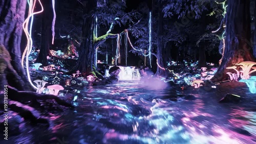 Wallpaper Mural Enchanting Forest Waterfall Illuminated by Vibrant Neon Lights at Night Torontodigital.ca