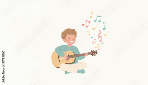 Young Boy Playing Acoustic Guitar Music.