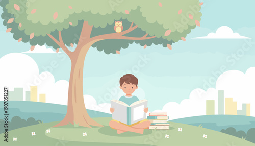Young Boy Reading Book Under Tree.