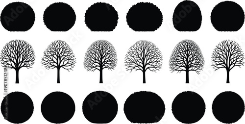 Large set of black tree and bush silhouettes featuring bare branches and leafy round shrubs isolated on white background for landscape and garden design