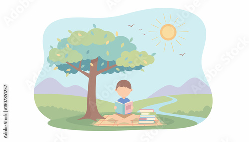 Young Boy Sitting Under Tree Meditation.