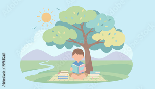 Young Girl Reading Book Under Tree.