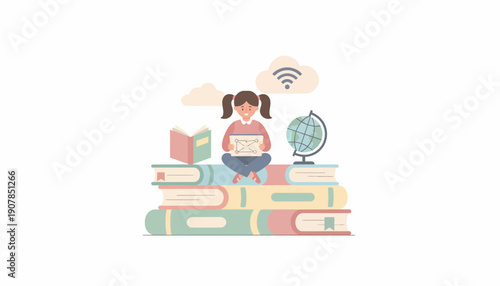 Young Girl Reading Book Among Stacks.