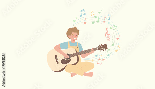 Young Man Playing Acoustic Guitar Music.