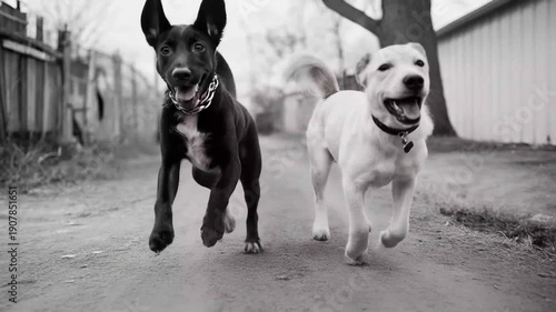 Two dogs running together down a dirt path in a yard on a cloudy day with trees in the background and other animals in the distance
