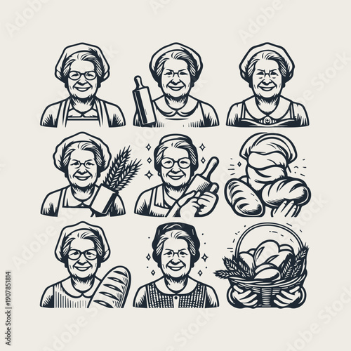 Icon set warm and friendly grandmother holding bread and a rolling pin vector