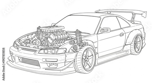Detailed Automotive Engineering Blueprint of a Sports Car.