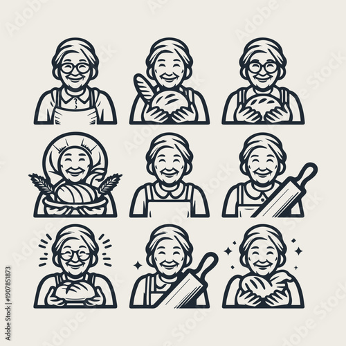 Icon set warm and friendly grandmother holding bread and a rolling pin vector