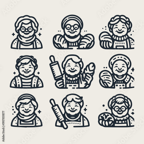 Icon set warm and friendly grandmother holding bread and a rolling pin vector