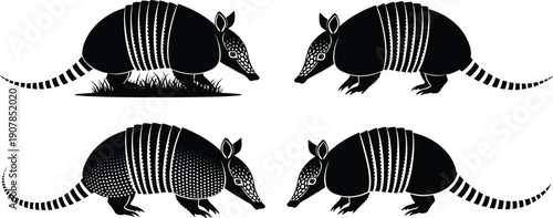 Set of black armadillo silhouettes isolated on white background showing wildlife illustration styles perfect for nature design, logos, tattoos, prints, posters, branding, vector