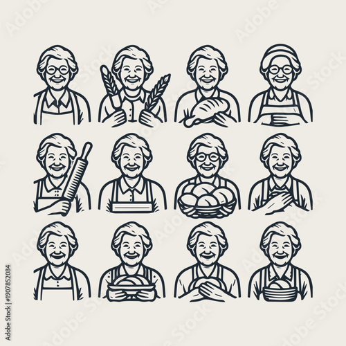 Icon set warm and friendly grandmother holding bread and a rolling pin vector