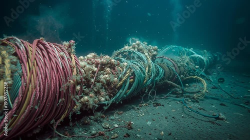 Underwater Cable Spool with Marine Growth on Ocean Floor