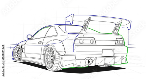 Detailed Automotive Blueprint Rendering of a Sports Car.