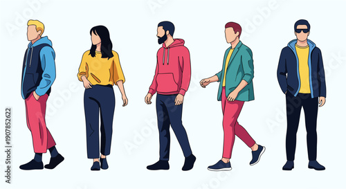 Group of smiling young people standing together in casual outfits showing friendship and happiness