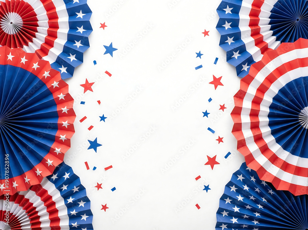 Obraz premium Patriotic paper fans and star confetti in red white and blue colors on white background for american presidents day or fourth of july celebration events