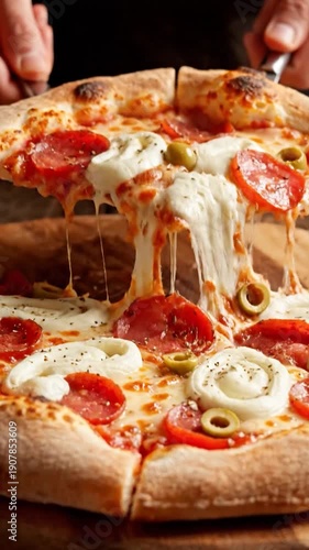 Delicious hot pizza with pepperoni, mozzarella, and olives steaming on a wooden