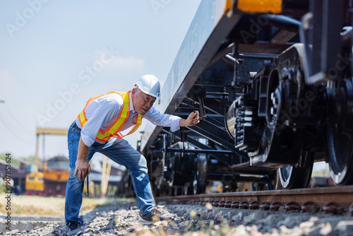 Railway engineer checking the undercarriage and wheel system of a freight train at a rail yard. Concept of rail safety inspection, maintenance engineering, logistics operations, and infrastructure rel