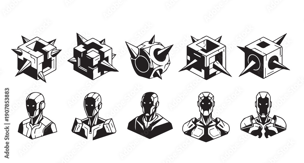 Fototapeta premium Collection of 3d geometric and humanoid metallic icons