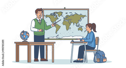 Smiling male teacher in a green vest teaching geography to a female student in a classroom.