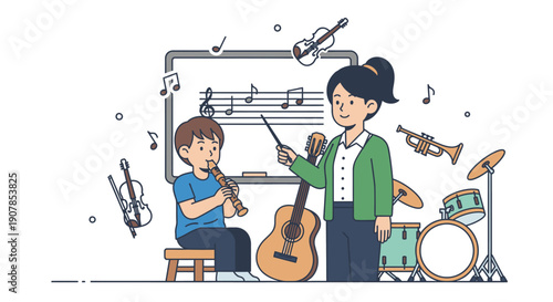 A friendly female teacher instructs a young boy playing the recorder during a music class, surrounded by various instruments.