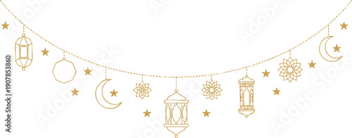 Art & IllustrationGolden Ramadan arabian lanterns and lamps. Ramadan Kareem Eid Mubarak islam religion holiday vector background with gold line hanging lanterns, muslim crescent moon, arabian lamps an