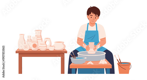Young Man Shaping Clay on Pottery Wheel, Creating Ceramics