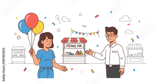 Cheerful People Enjoying Festival Fun with Balloons and Stalls