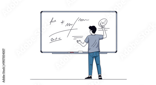 A young man in a grey t-shirt and jeans, seen from behind, writing mathematical formulas on a large whiteboard.