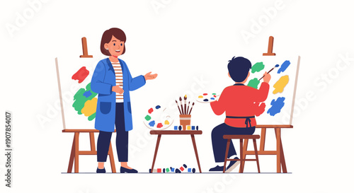 Art class illustration of a female teacher guiding a young student painting on a canvas with an easel and palette.