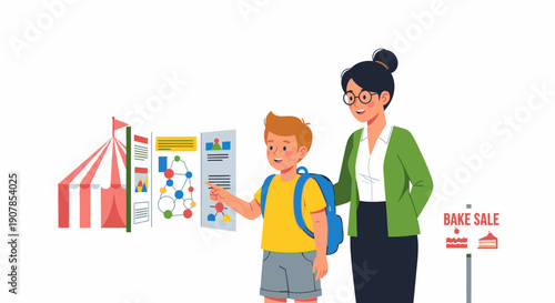 Boy and Teacher at Science Fair Exhibit with Colorful Posters