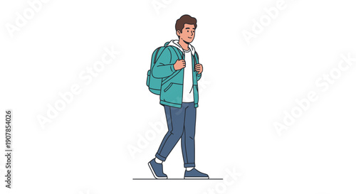 Young man with a teal backpack walking confidently