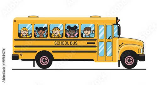 Cheerful cartoon school bus with diverse children waving from windows