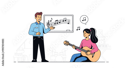 Young Woman Playing Acoustic Guitar During Music Lesson Illustration
