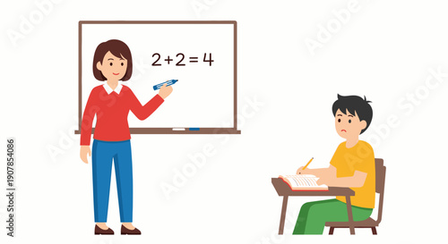 Female teacher explaining a simple math problem on a whiteboard to a confused male student sitting at his desk.