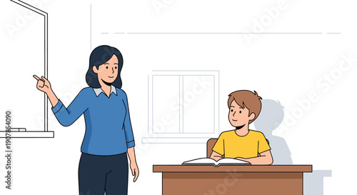 Cartoon illustration of a female teacher explaining a lesson to an attentive young student at his desk.