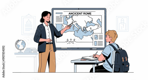 Female history teacher pointing at a map of Ancient Rome on a screen while a student takes notes in a classroom.