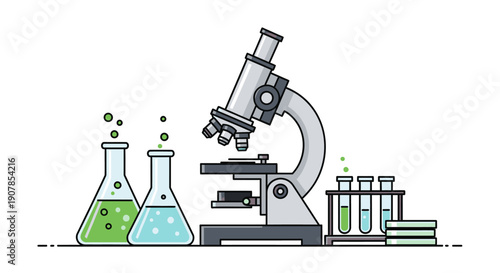 Flat line art illustration of scientific lab equipment including microscope, flasks, and test tubes with colorful liquids and bubbles.